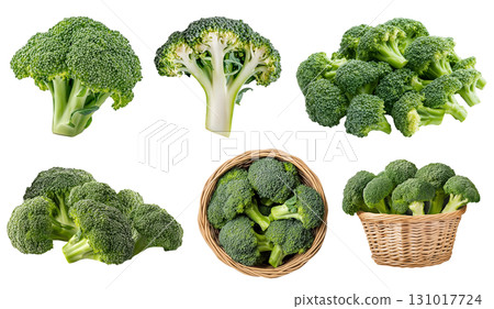 Broccoli vegetable plant stem stalk, many angles view side top front basket slice halved bundle isolated on transparent cutout, PNG file. Mockup template for artwork 131017724