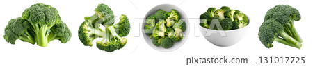 Broccoli vegetable plant stem stalk, many angles view side top front bowl slice bundle isolated on transparent cutout, PNG file. Mockup template for artwork graphic design 131017725
