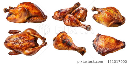 Roasted grilled turkey chicken, whole, drumstick thigh, breast meat on transparent background cutout, PNG file. Mockup template for artwork design. perspective positions many different angle, cut Roasted grilled turkey chicken, whole, drumstick thigh, breast meat on transparent background cutout, PNG file. Mockup template for artwork design. perspective positions many different angle, cut 131017900
