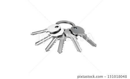 Shiny metal key chain on loop for home security, isolated on white background. 131018048
