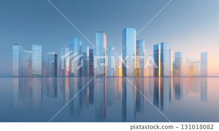 未來城市的摩天大樓映照在晨曦中，倒映在水面上 131018082