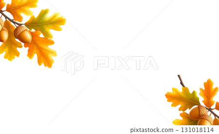 Close-up photo of brown acorn and green oak leaves on white background. Close-up photo of brown acorn and green oak leaves on white background. 131018114