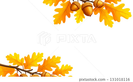 Close-up photo of brown acorn and green oak leaves on white background. 131018116
