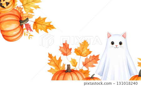 Illustration of an orange Halloween pumpkin with falling leaves and pumpkin harvest border. 131018240