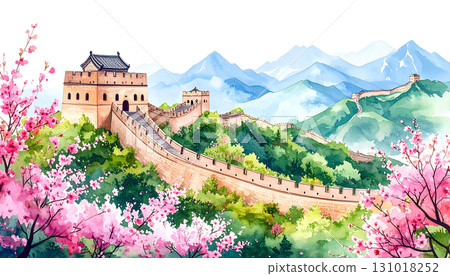 The Great Wall of China features an ancient castle-like architecture on a green hill isolated on a white background. The Great Wall of China features an ancient castle-like architecture on a green hill isolated on a white background. 131018252