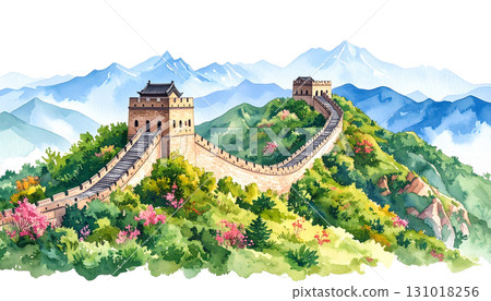 The Great Wall of China features an ancient castle-like architecture on a green hill isolated on a white background. 131018256