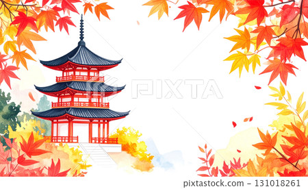 Japanese pagoda and maple trees in autumn watercolor isolated on white background 131018261