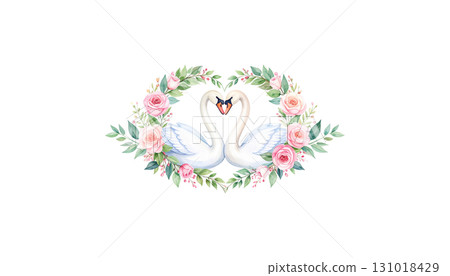 A pair of cartoon swan birds form a heart with their beaks, symbolizing love and union on the water 131018429