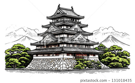 Traditional oriental temple architecture with a separate pagoda roof on a white background. Traditional oriental temple architecture with a separate pagoda roof on a white background. 131018435