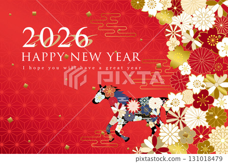 2026 年馬年新年賀卡模板,帶有日式花卉馬圖案 2026 年馬年新年賀卡模板,帶有日式花卉馬圖案 131018479