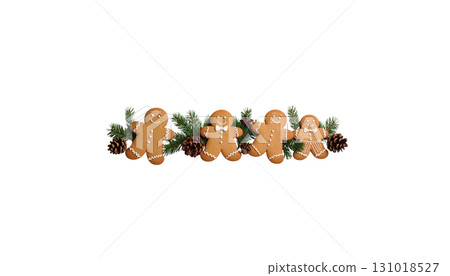 Decorated Christmas gingerbread cookies and pine cones on wooden table isolated on white background Decorated Christmas gingerbread cookies and pine cones on wooden table isolated on white background 131018527