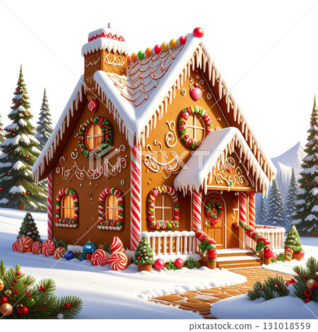 Sweet gingerbread house with Christmas decorations isolated on white background 131018559