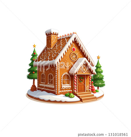 Sweet gingerbread house with Christmas decorations isolated on white background 131018561