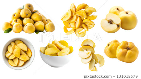 Quince quinces yellow pome fruit, many angles and view side top front sliced pile bunch bowl cut isolated on transparent background cutout, PNG file. Mockup template for artwork 131018579