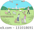 An illustration of people and dogs having fun in the park 131018691
