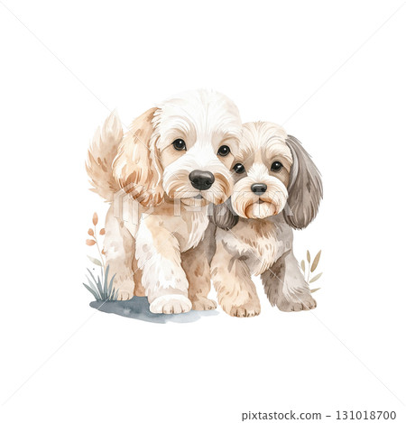 A small watercolor puppy sits on a white background 131018700