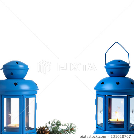 3D Christmas lantern with lights on white background 131018707