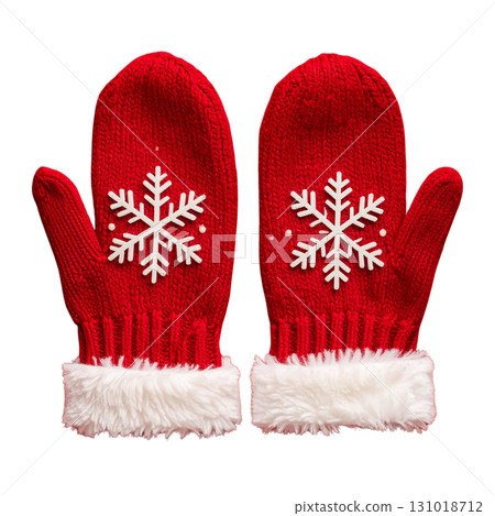 A pair of soft red knitted winter gloves isolated on a white background. 131018712
