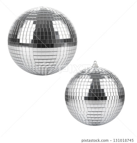 Shiny spherical disco ball with reflective mirror surface on white background. 131018745