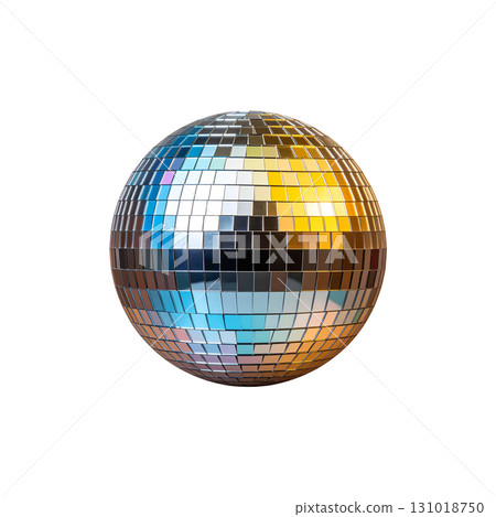 Shiny spherical disco ball with reflective mirror surface on white background. 131018750