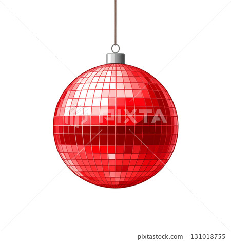 Beautiful bright red disco ball reflecting light on a white background. 131018755