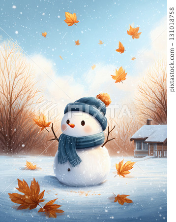 Snowman illustration in front of a winter cabin 131018758
