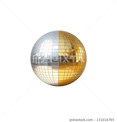 Shiny disco ball with reflective mirror tiles like golden planets on white background. 131018765