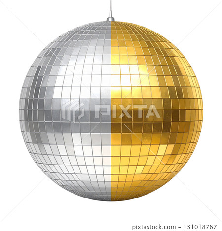 Shiny disco ball with reflective mirror tiles like golden planets on white background. 131018767