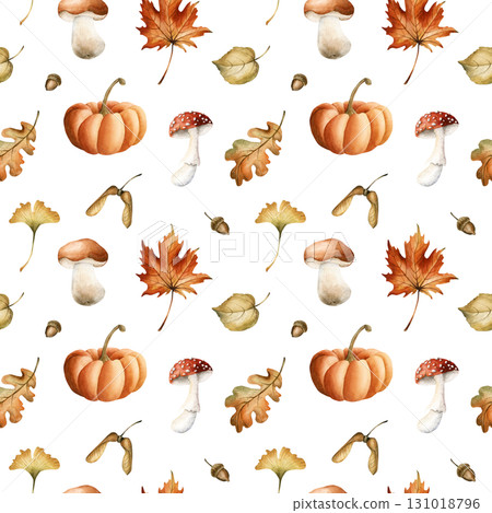 Pumpkin Mushrooms Autumn Leaves Acorn Seeds. Watercolor hand painted floral forest seamless pattern on white background fall design cozy prints cute home kitchen table textile fabric wrapping paper 131018796