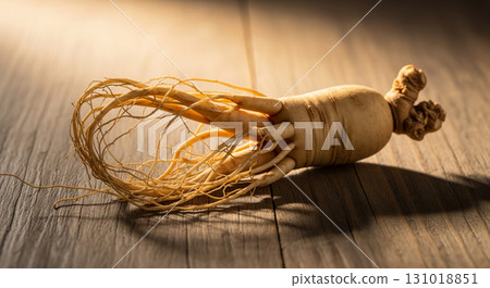 Fresh Ginseng Root on Wooden Table 131018851