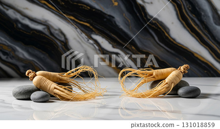 Ginseng with Stones and Marble Background 131018859
