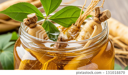 Ginseng Roots Preserved in Glass Jar with Herbal Liquid Ginseng Roots Preserved in Glass Jar with Herbal Liquid 131018870