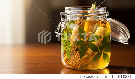 Ginseng Preserved in Transparent Jar on Wooden Table Ginseng Preserved in Transparent Jar on Wooden Table 131018871