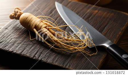 Fresh Ginseng Root with Knife on Wooden Cutting Board Fresh Ginseng Root with Knife on Wooden Cutting Board 131018872