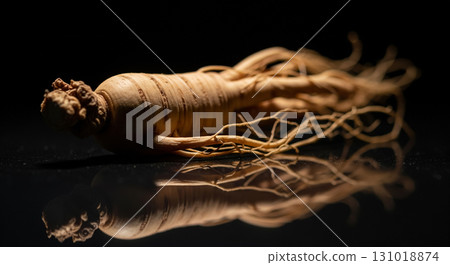 Single Ginseng Root with Reflection on Black Surface Single Ginseng Root with Reflection on Black Surface 131018874