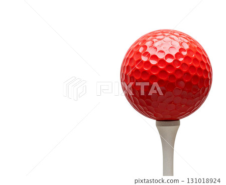 Golf ball placed on tee, isolated on white background. 131018924