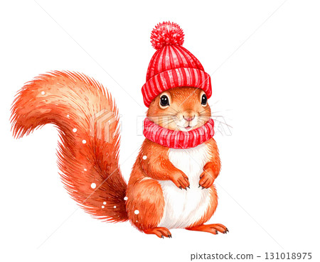 Cute squirrel with nuts and Santa hat celebrating the festive season on white background 131018975