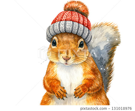 Cute squirrel with nuts and Santa hat celebrating the festive season on white background 131018976