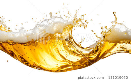 Golden beer pouring, splashing liquid and bubbles into glass, isolated on white background. 131019050