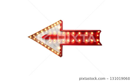 Bright red neon arrow symbol with gold star decoration pointing on white background. 131019068