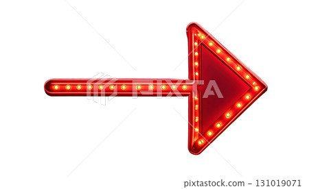 Bright red neon arrow symbol with gold star decoration pointing on white background. 131019071