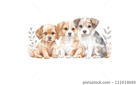 Cute watercolor group of puppies and different breeds of dogs sitting together on white background 131019084