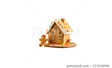 A sweet gingerbread house decorated with icing sugar and colorful candies stands alone on a white background. 131019099