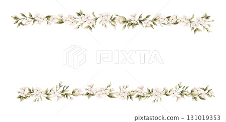 White small flowers with leaves frame. Jasmine, orange, apple blossom. Watercolor hand painted cute floral isolated illustration for wedding design, home textile, porcelain crockery, cosmetic package 131019353