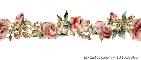 Roses with golden decorative vintage ornaments seamless border in Victorian baroque style. Dusty pink garden flowers. Watercolor hand painted floral isolated illustration wedding card textile fabric Roses with golden decorative vintage ornaments seamless border in Victorian baroque style. Dusty pink garden flowers. Watercolor hand painted floral isolated illustration wedding card textile fabric 131019360