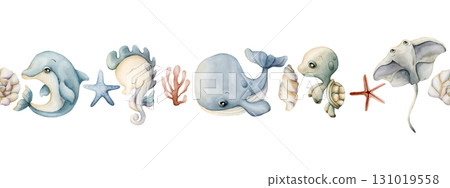 Cute sea animals Starfish Shell Adorable underwater world. Whale dolphin seahorse stingray turtle. Watercolor summer seamless border on white background for kids baby nursery textile fabric wrapping Cute sea animals Starfish Shell Adorable underwater world. Whale dolphin seahorse stingray turtle. Watercolor summer seamless border on white background for kids baby nursery textile fabric wrapping 131019558