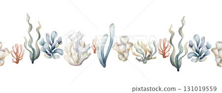 Seaweed Algae Sea Coral Sponge Plant seamless border. Watercolor hand painted summer illustration on white background Cute pastel neutral underwater for kids baby nursery textile fabric wrapping paper 131019559