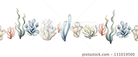 Seaweed Algae Sea Coral Sponge Plant seamless border. Watercolor hand painted summer illustration on white background Cute pastel neutral underwater for kids baby nursery textile fabric wrapping paper Seaweed Algae Sea Coral Sponge Plant seamless border. Watercolor hand painted summer illustration on white background Cute pastel neutral underwater for kids baby nursery textile fabric wrapping paper 131019560