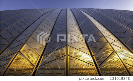 Modern architectural design of a unique building's exterior highlighting  patterns at sunset 131019848