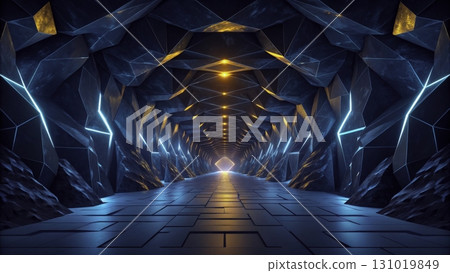 Vibrant tunnel illuminated with blue and orange lights invites exploration and wonder 131019849